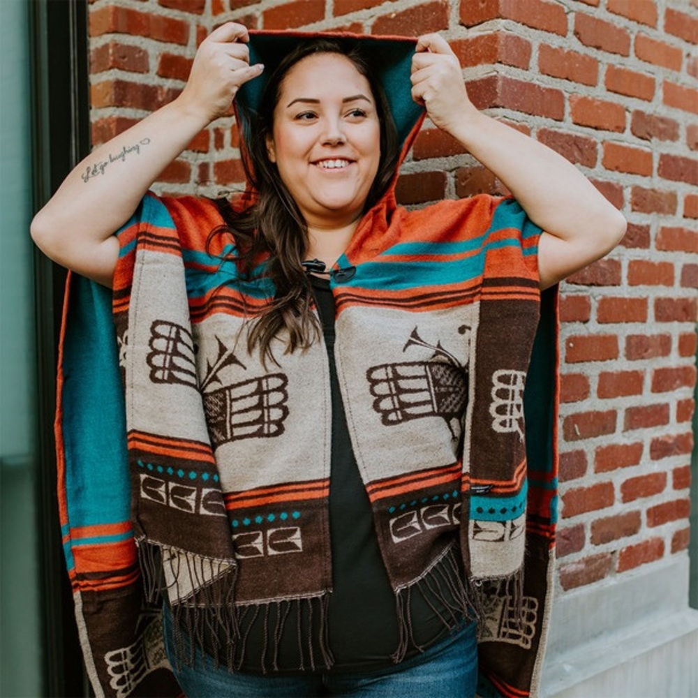 “Ancestral Spirits” Hooded Fashion Wrap by Kewa Pueblo Artist Robert Tenorio - Picture 3 of 7
